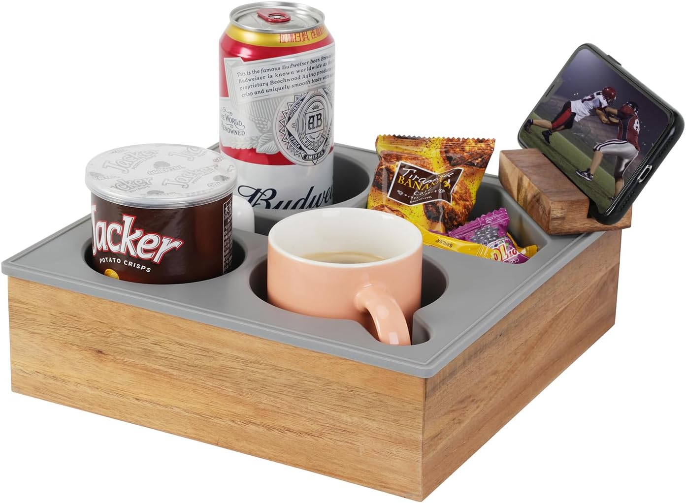 Couch Cup Holder Tray, Hitseon Handy Soft Silicone Acacia Wooden Couch Caddy for...