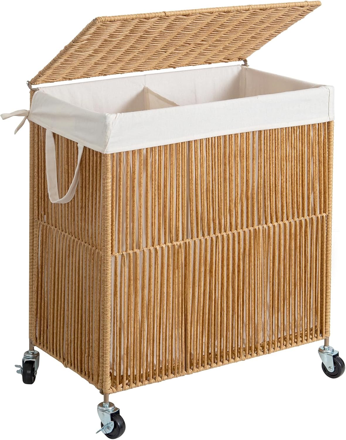 WOWLIVE Laundry Hamper with Wheels, Handwoven Rolling Laundry Basket with Lid, C...