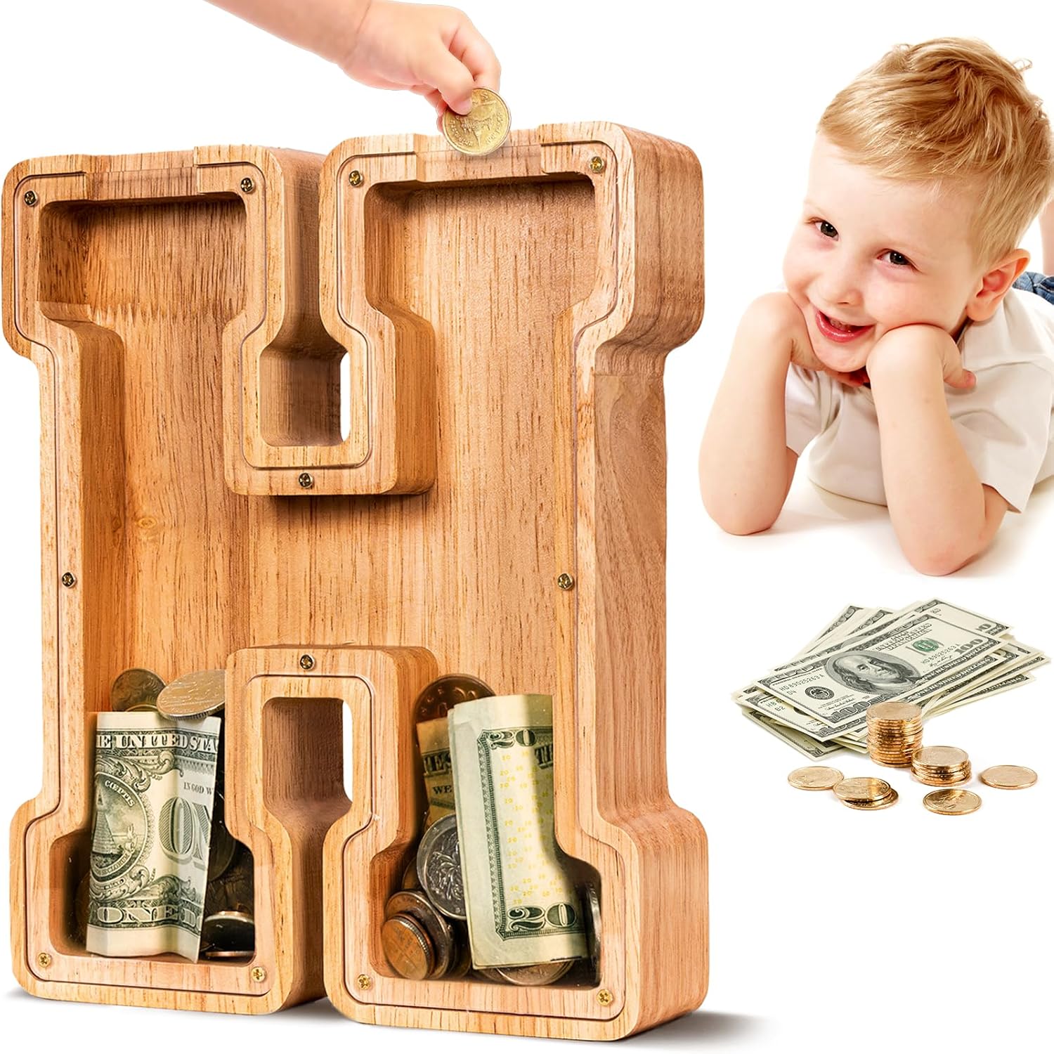 SummiDate Wooden Letter Money Box for Kids, Personalised Piggy Bank for Boys Gir...