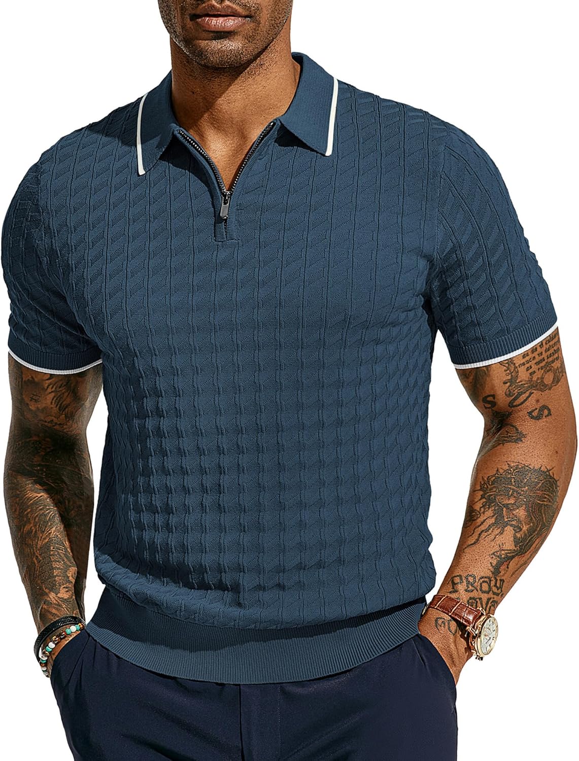 PJ PAUL JONES Men's Knit Polo Shirts Short Sleeve Quarter Zip Polo Shirt Small D...