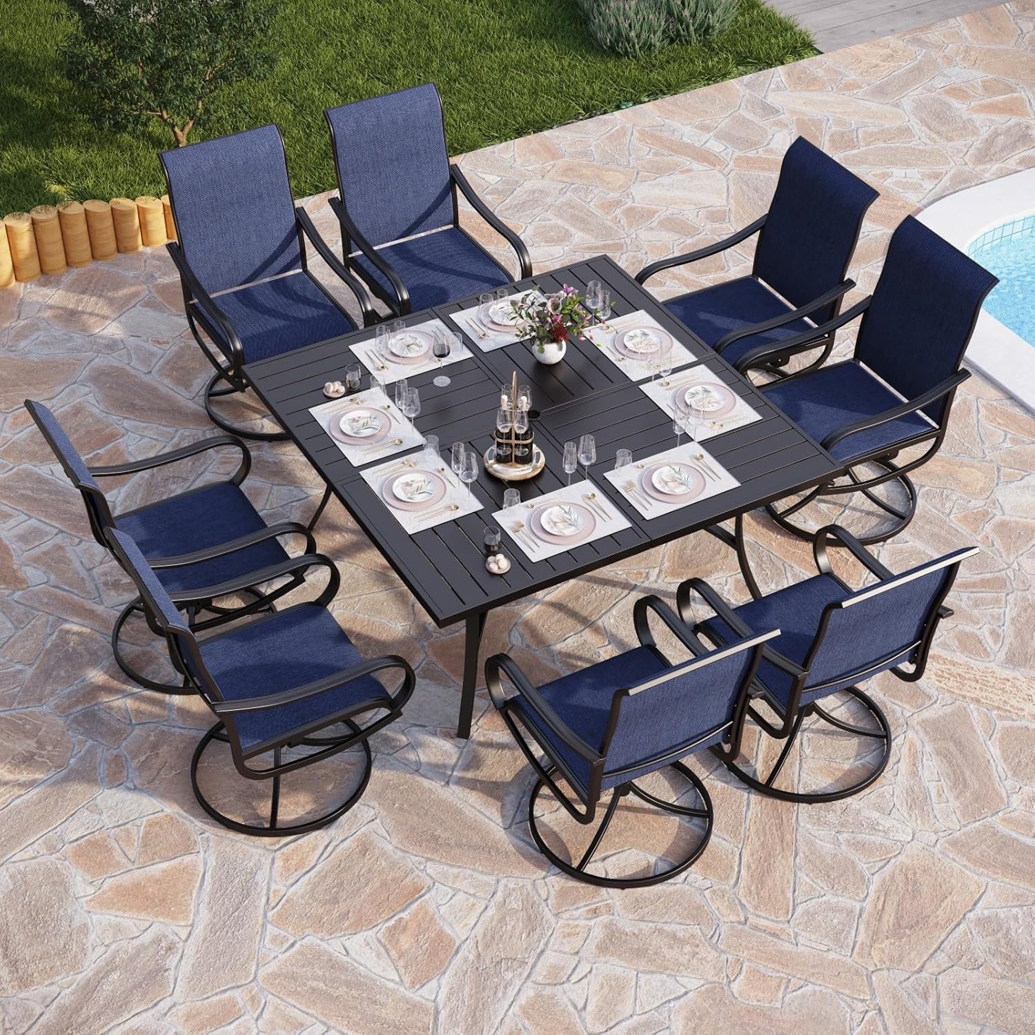 PHI VILLA 9 Piece Outdoor Patio Dining Set, Large Square Metal Dining Table and...