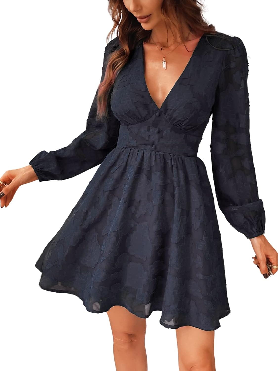 CUPSHE Women's Lace Mini Dress, Special Long Sleeve Floral Print Dress, High-Qua...