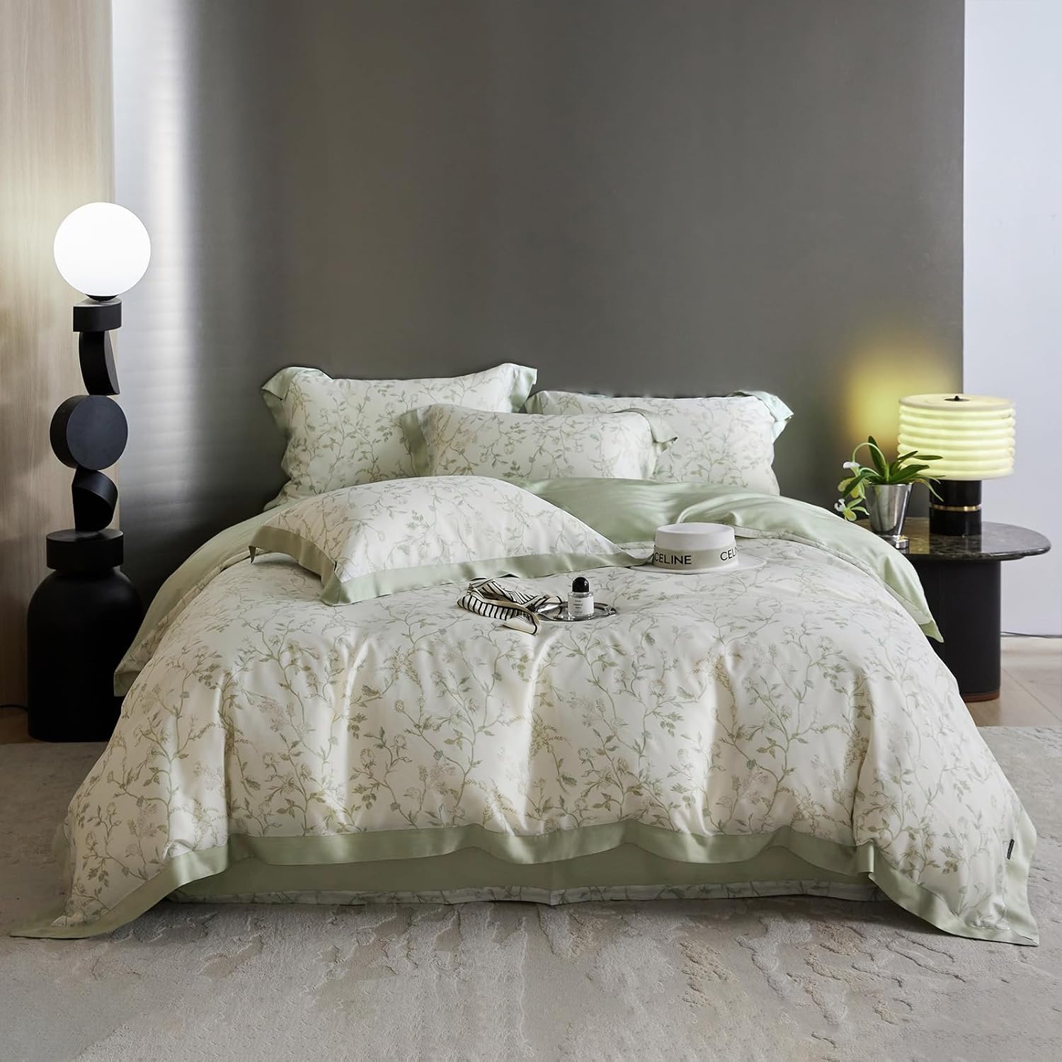 VM VOUGEMARKET Lyocell Duvet Cover Set, Special Green Floral Pattern Duvet, Inno...