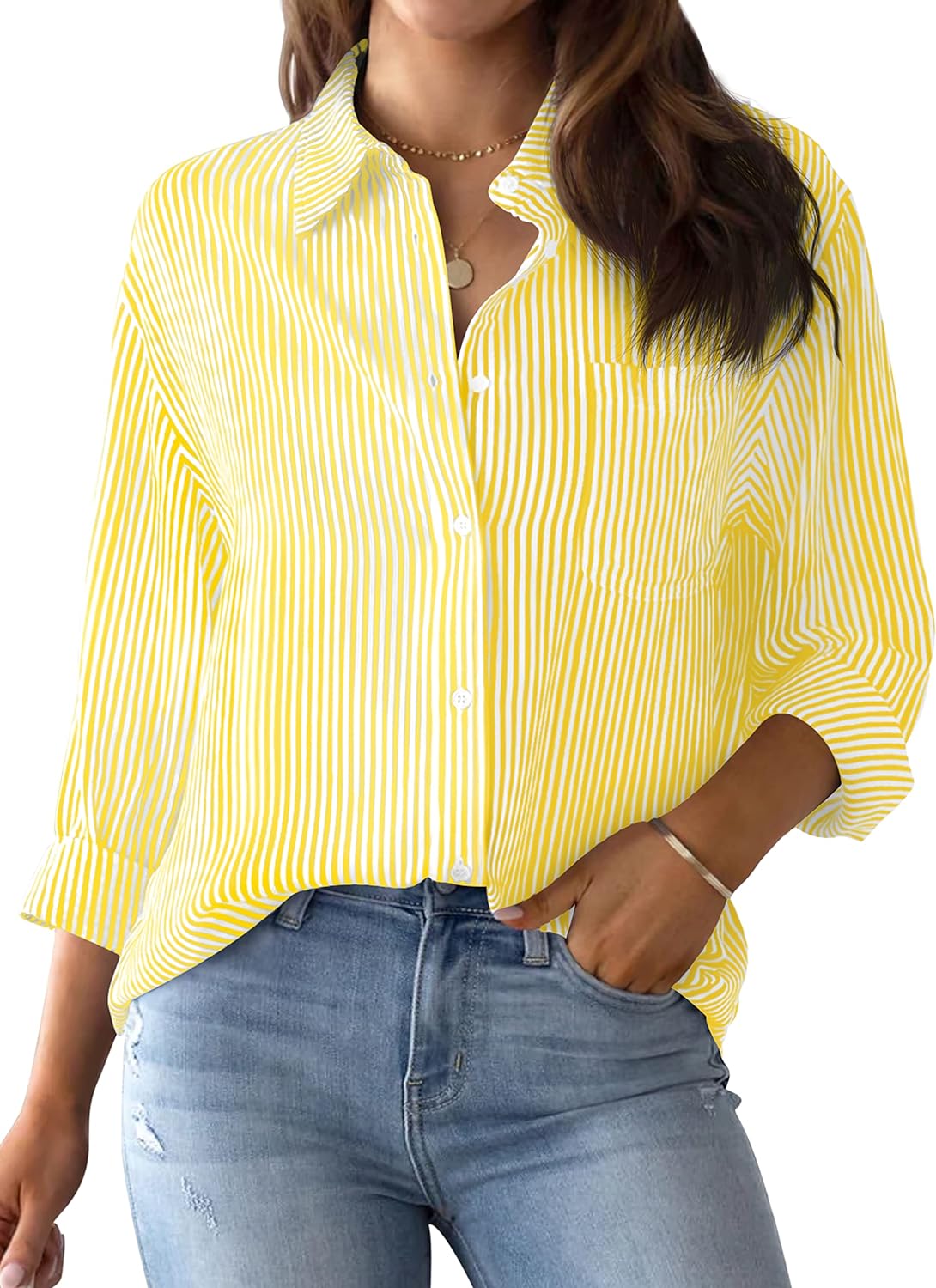 AISEW Womens Button Down Shirts Striped Classic Long Sleeve Collared Office Work...