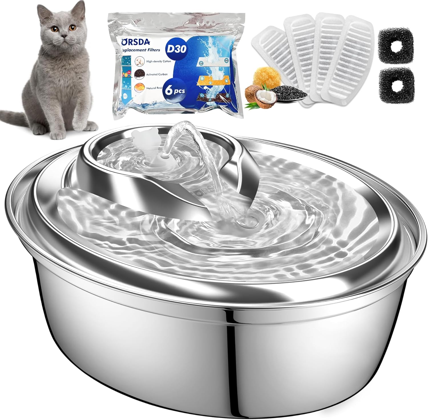 ORSDA Cat Water Fountain Stainless Steel, 2L Pet Fountain for Cats Inside, Dog W...