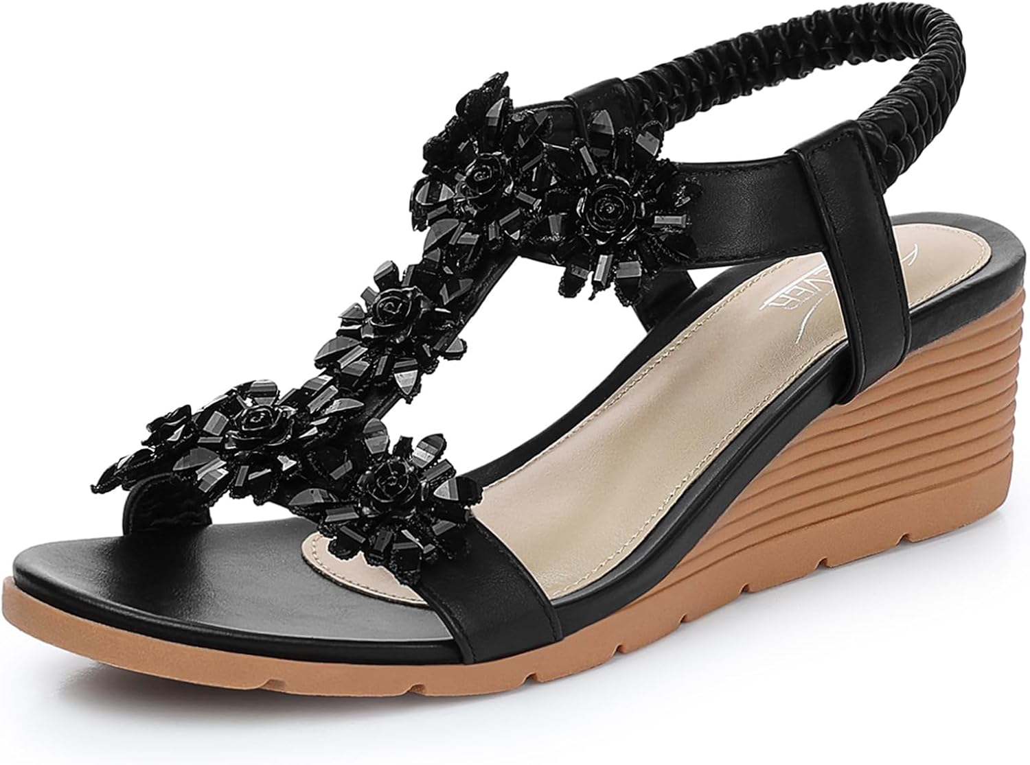 SHIBEVER Womens Sandals Wedge Flower: Open Toe Elastic Ankle Strap Wedge Sandal...