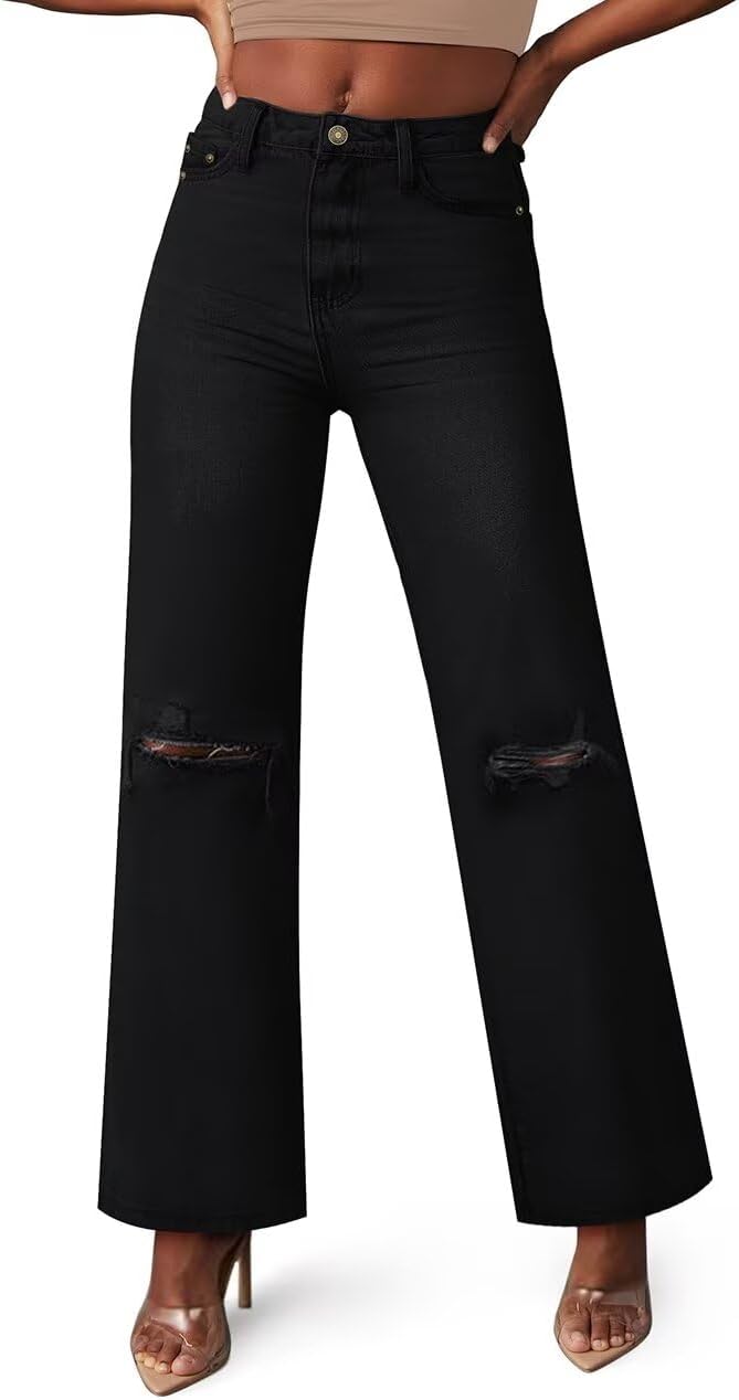 KDF Straight Leg Jeans for Women High Waisted Jeans Frayed Baggy Pants Raw Hem L...