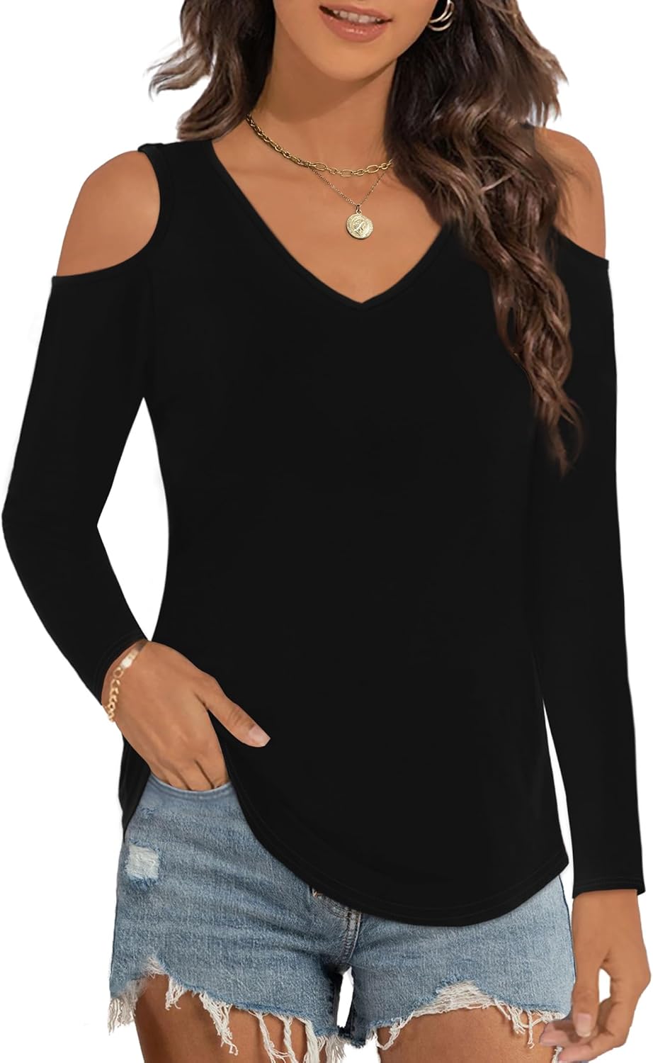 Elesomo Women's Top, Special V Neck Cold Shoulder Summer T Shirt, High-Quality B...