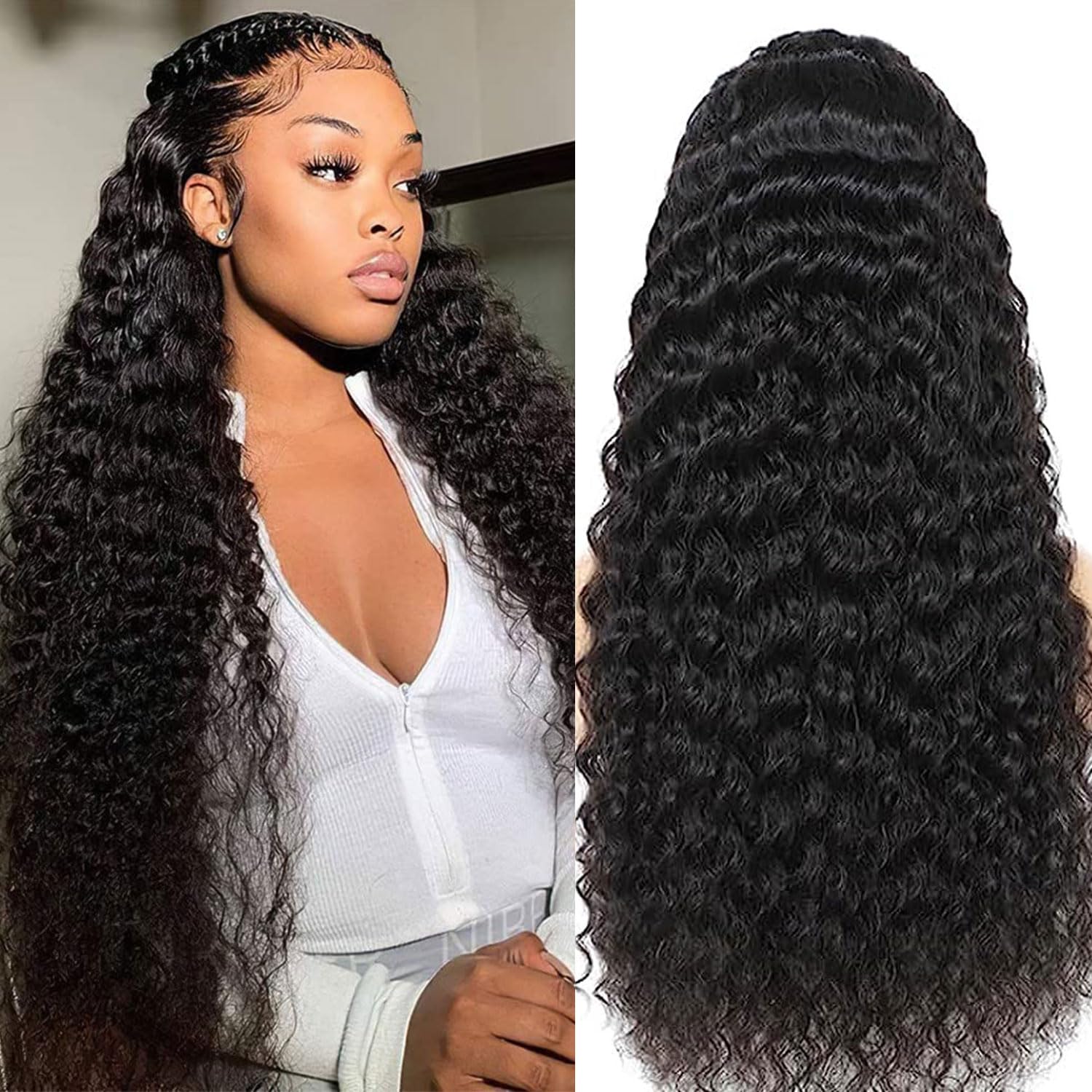 13x6 Deep Wave Lace Front Wigs Human Hair Pre Plucked 180% Density Transparent H...