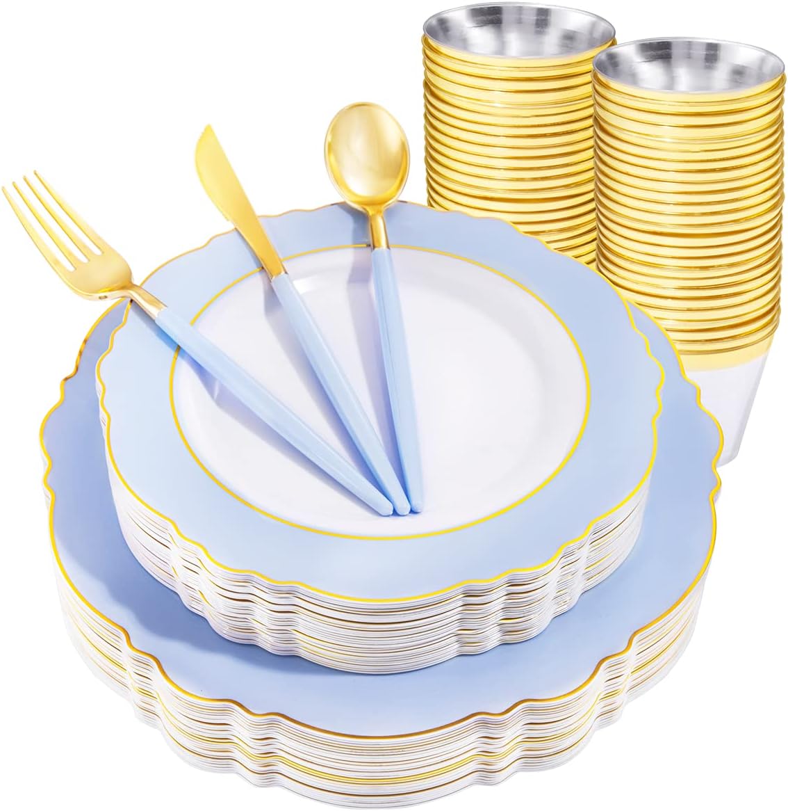 WDF 150pieces, Special Blue Plastic Plates with Gold Rim, High-Quality Disposabl...