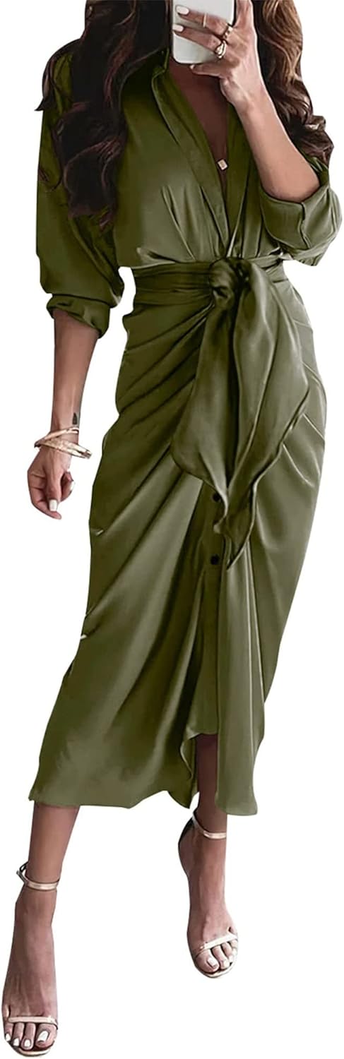BTFBM Women Long Sleeve Satin Dress, Special Summer Fall Dress with Lapel V Neck...