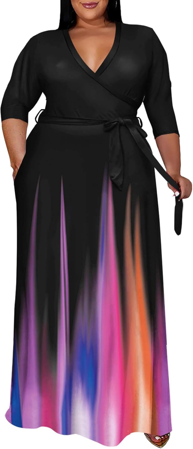 Runwind Plus Size Dress for Women - 3/4 Sleeve V Neck Printing Maxi Dresses for...
