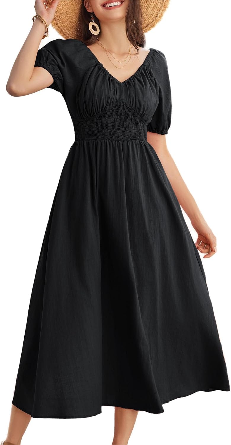 GRACE KARIN Women’s Summer Puff Short Sleeve A-Line Dress Casual Maxi V-Neck Smo...