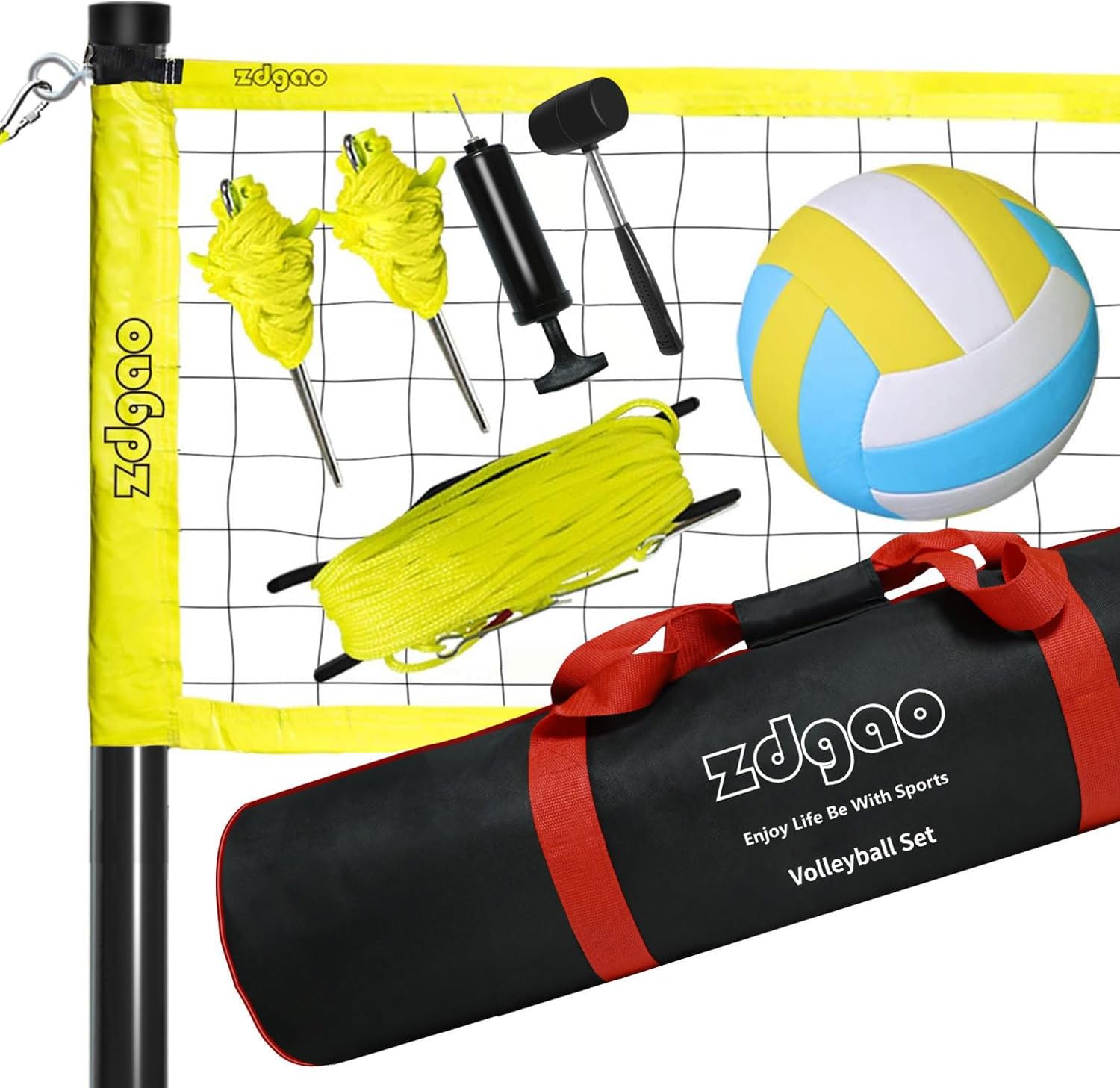 Outdoor Portable Volleyball Net System - Adjustable Height Poles with Soft Volle...