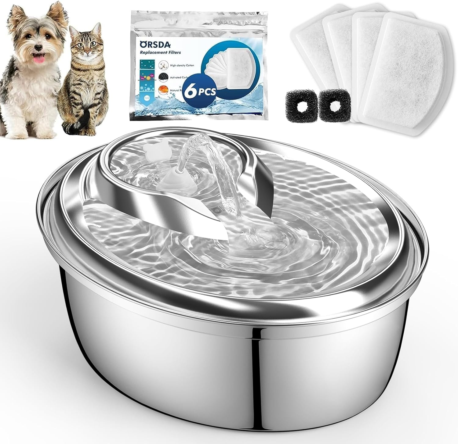 ORSDA Cat Water Fountain Stainless Steel, 3L Automatic Pet Drinking Fountain for...