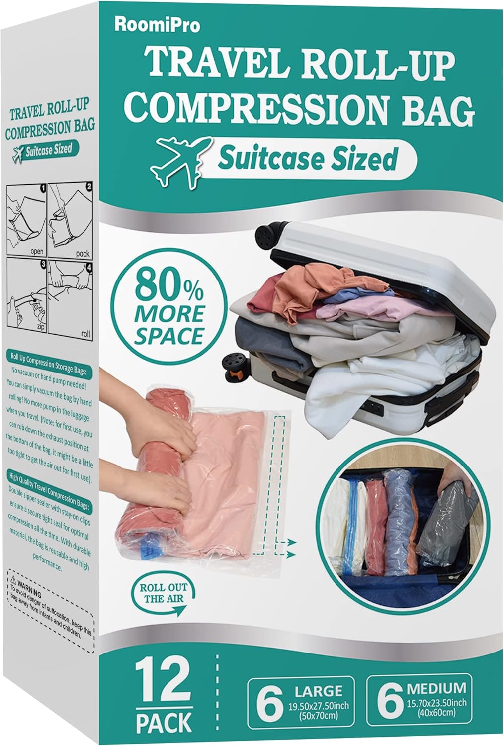 12 Roll Up Space Saver Bags for Travel, Travel Compression Bags for Packing & Cl...