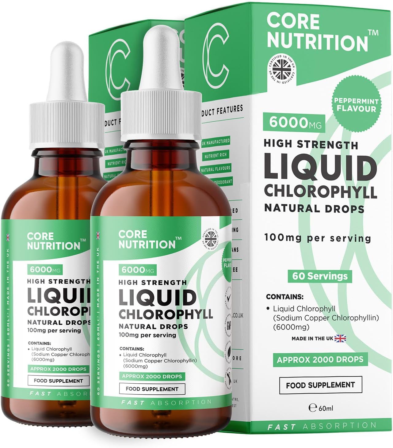 Liquid Chlorophyll Drops for Water - High Strength of 12,000mg per 2X 60ml Bottl...