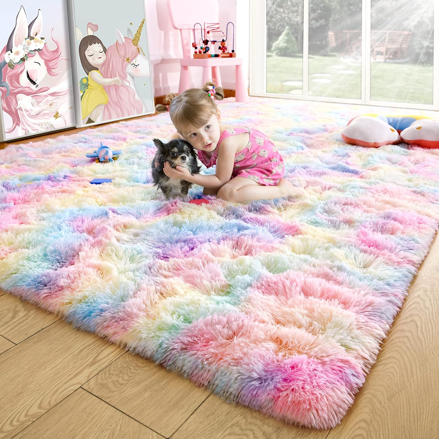Noahas 4x6 Fluffy Kids Rugs for Room,Rainbow Rug for Girls Bedroom,Pink Rugs for...