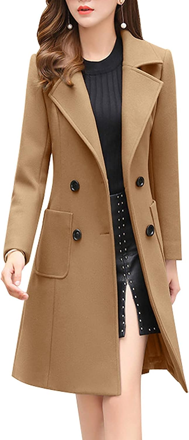 chouyatou Women Elegant Notched Collar Double Breasted Wool Blend Over Coat X-Sm...