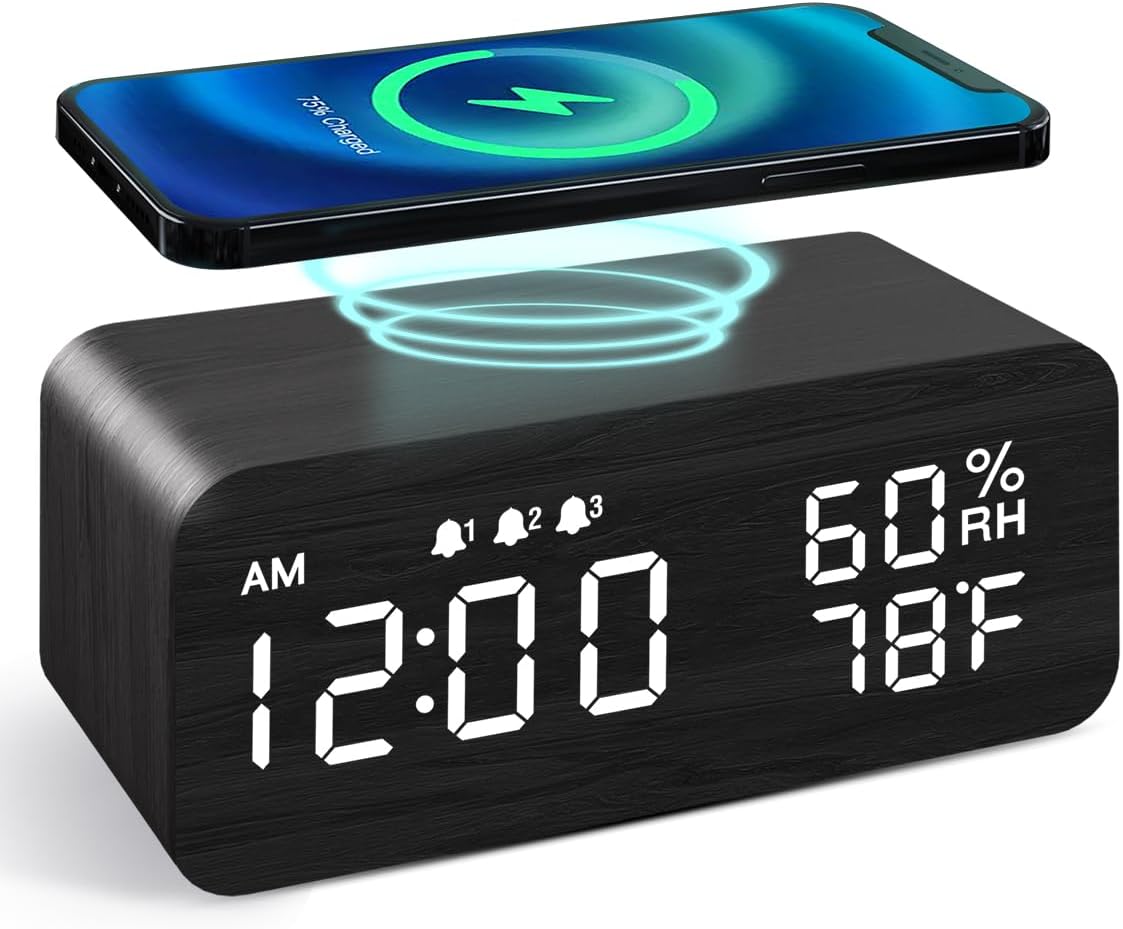 JALL Wooden Digital Alarm Clock with Wireless Charging, Dimmable, Adjustable Vol...