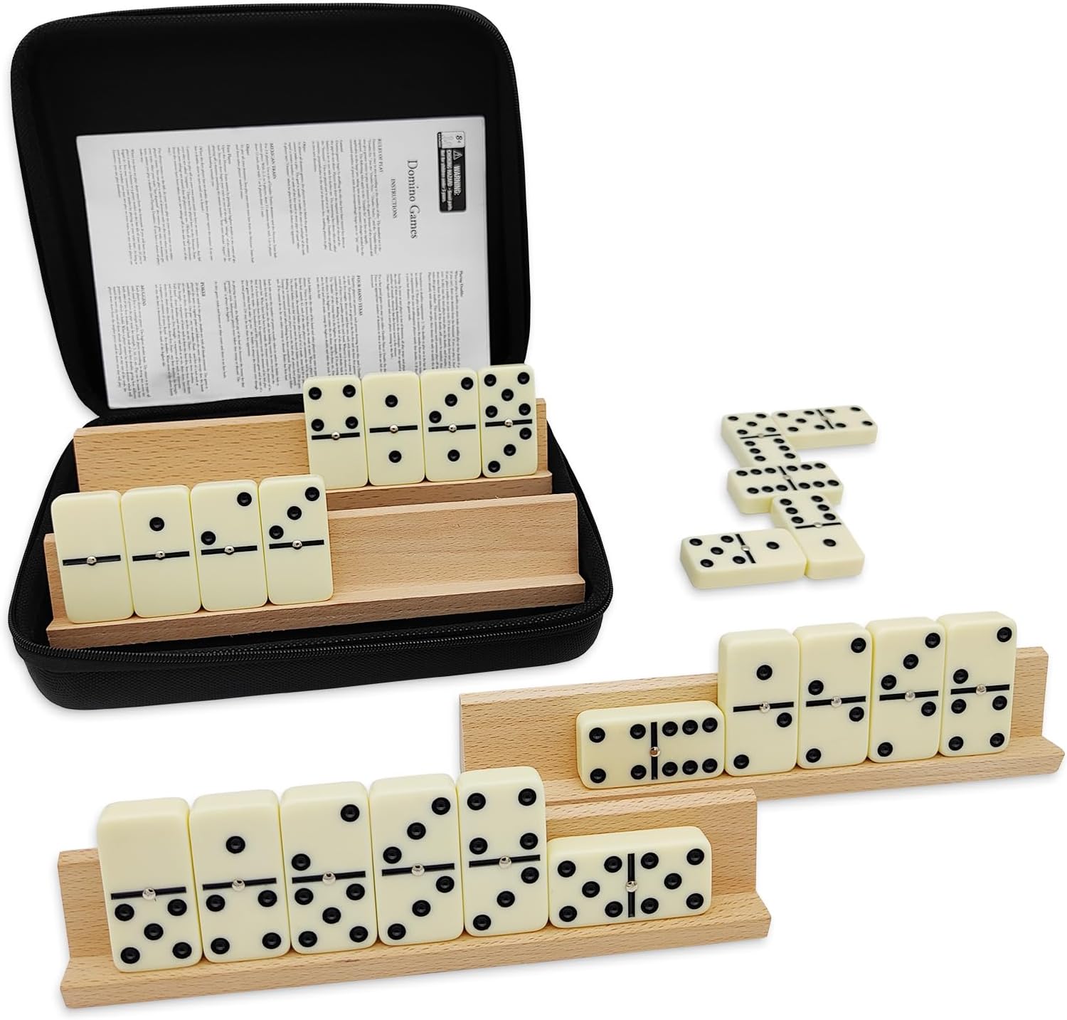 Dominoes Set for Adults with 4 Wooden Racks/Trays, Double 6 Dominoes Travel Set...