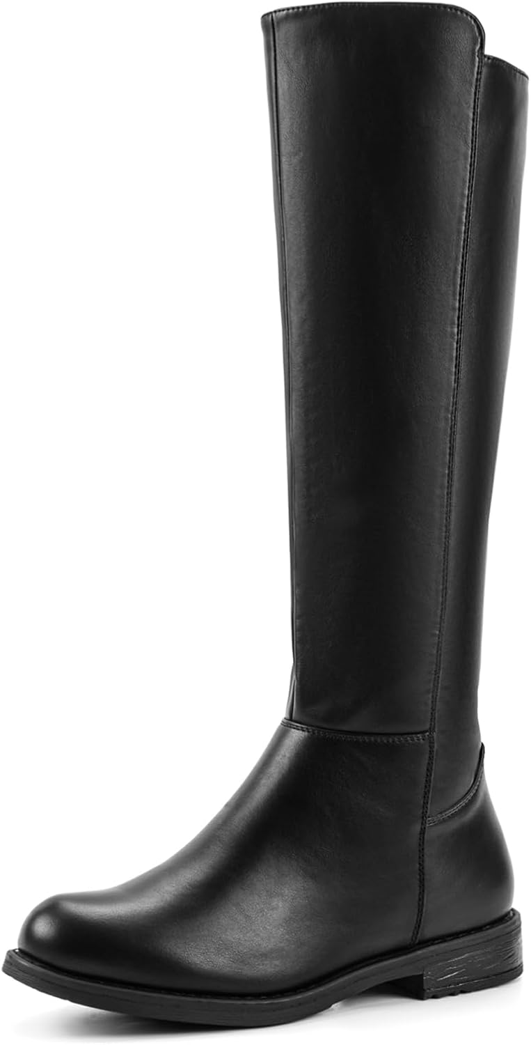 Shoe'N Tale Women's Knee High Boots Flat Low Heel Stretchy Round Toe with Side Z...
