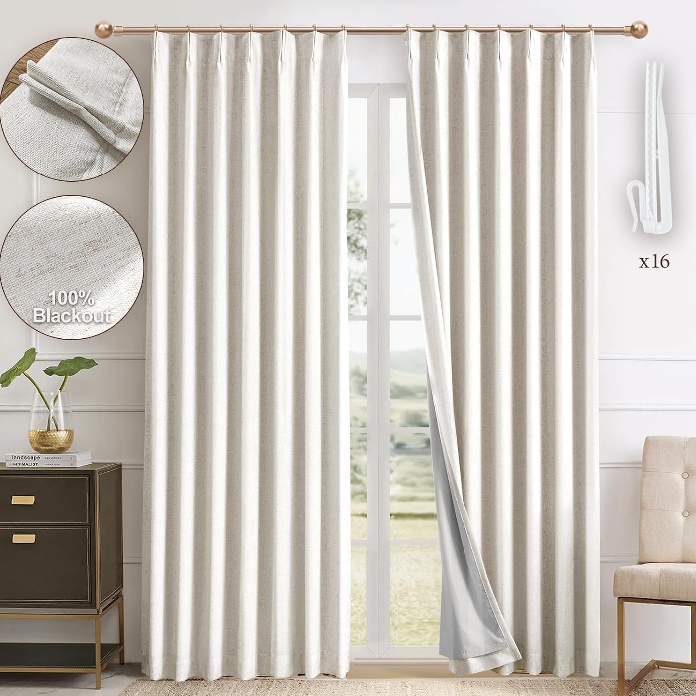 Natural Thick Linen Blend Pinch Pleated Blackout Curtains for Bedroom - 2 Pages...