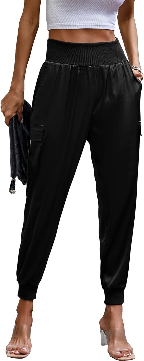 PRETTYGARDEN Women's Satin Jogger Pants, Special High Waist Lounge Trousers with...