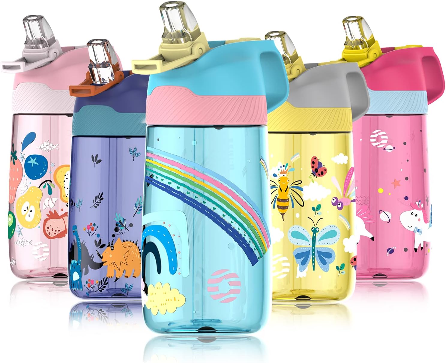 Fjbottle Kids Water Bottle with Straw, BPA Free Leak Proof 450ml Drinking Bottle...