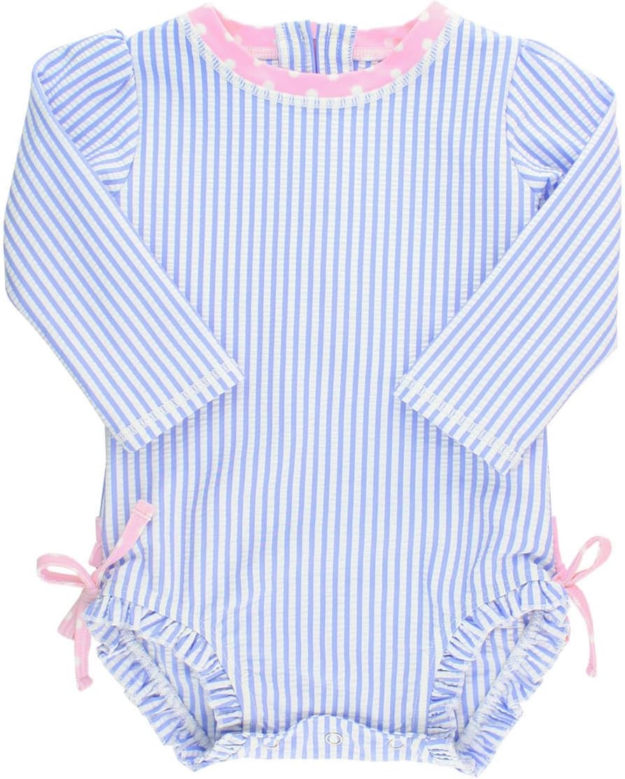 RuffleButts Baby/Toddler Swimsuit, Special Girls Seersucker Long Sleeve One Piec...