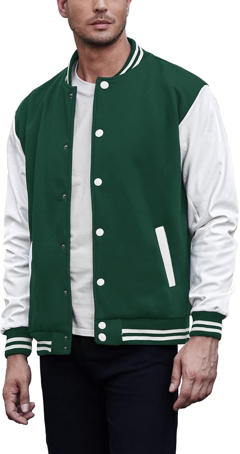 COOFANDY Men's Fashion Varsity Jacket, Special Leather Sleeve Slim Fit Bomber Co...