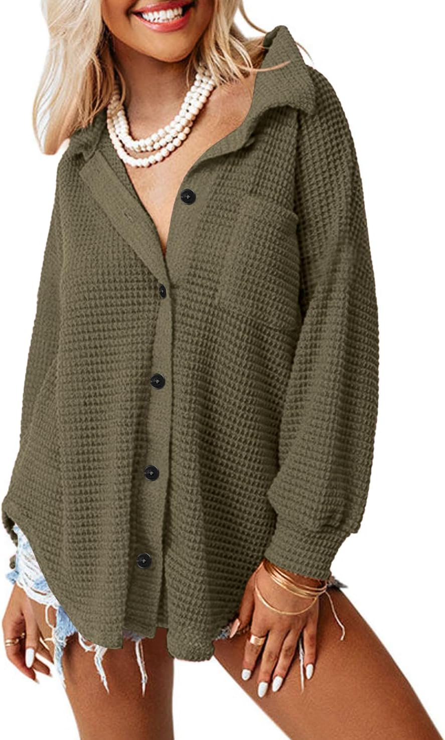 Beaully Womens Waffle Knit Long Sleeve Button Down Shirts Casual Lightweight Sha...