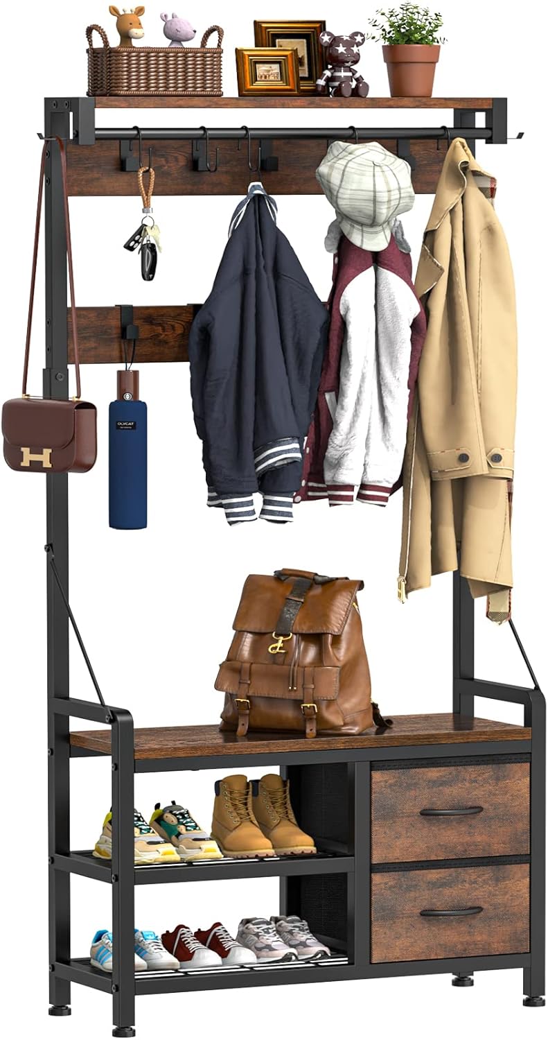 Lulive Hall Tree, 31.5” Entryway Bench with Coat Rack freestanding, 5 in 1 Intel...