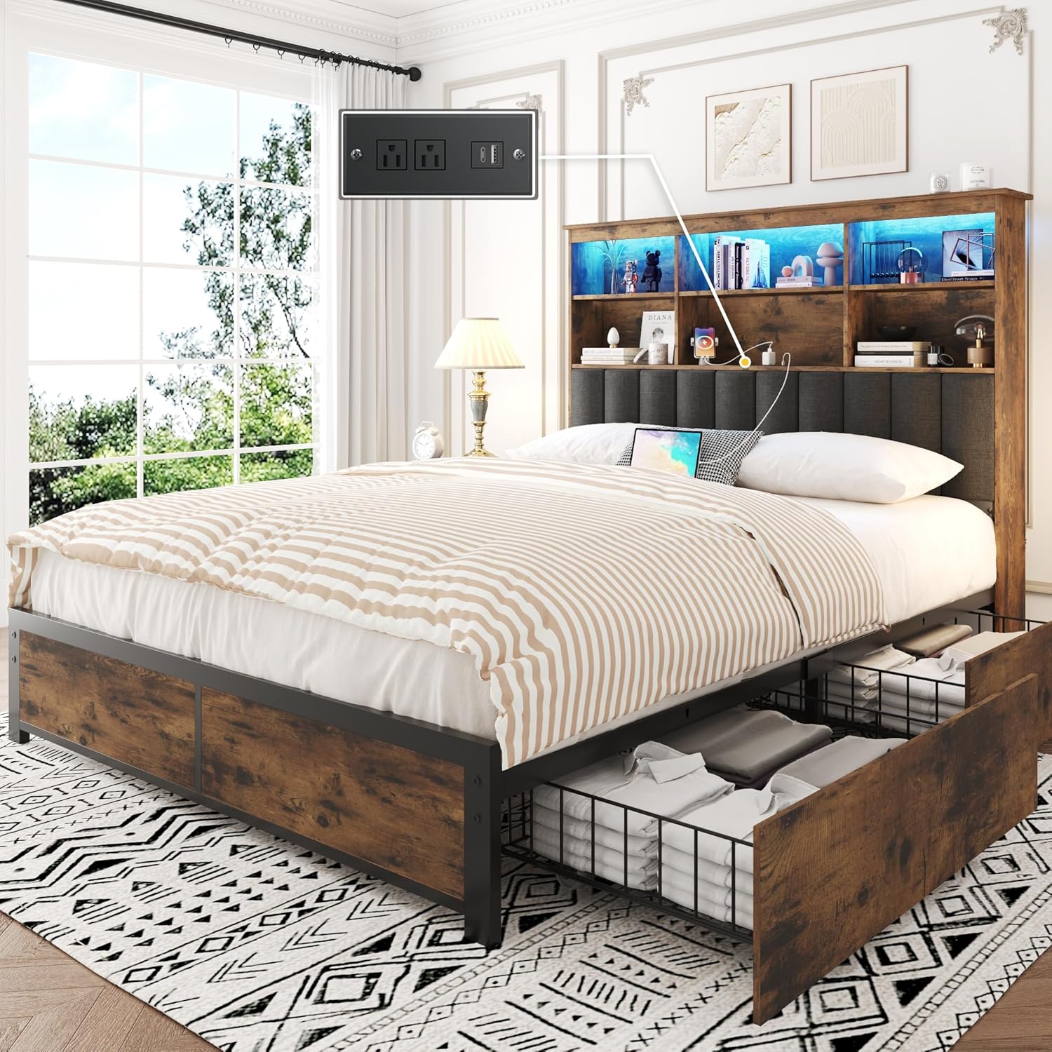 Lifezone Queen Bed Frame with Headboard, Queen Bed...