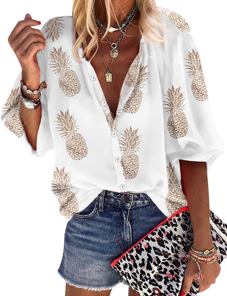 ZXZY Women Pineapple Printed Lapel Collar Half Sleeves Buttons Down Blouse Shirt...