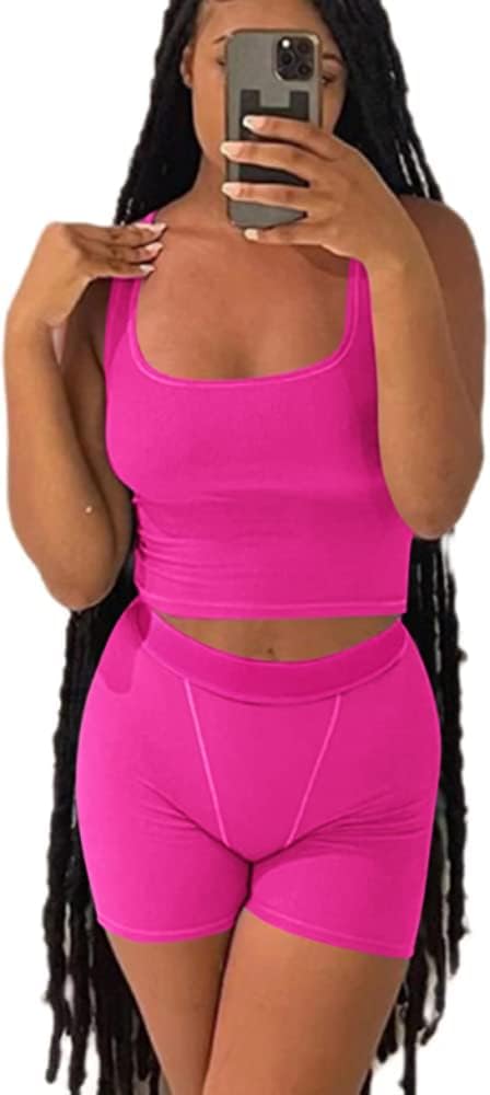 ZFLM Casual Workout Sets Two Piece Outfits for Women Ribbed Crop Tank Top High W...