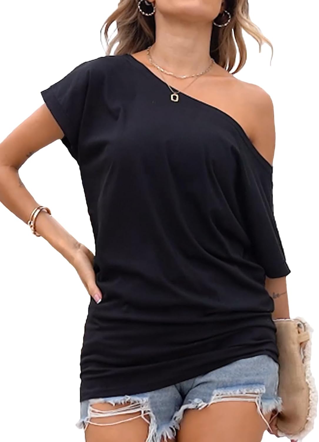 Poetsky Women's Summer Off Shoulder Shirts, Special Casual Loose Short Sleeve Tu...