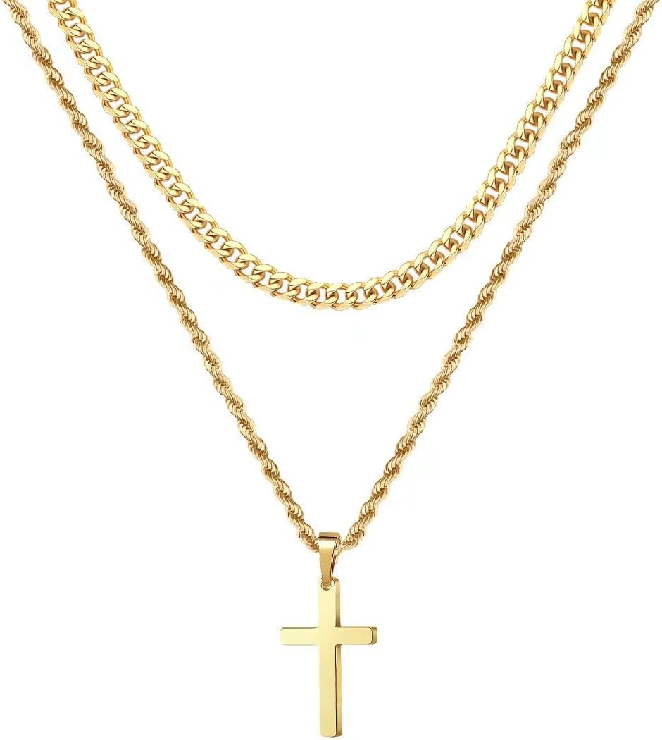 Special Ursteel Layered Cross Necklace for Men, Unique 18K Gold Silver Black Sta...