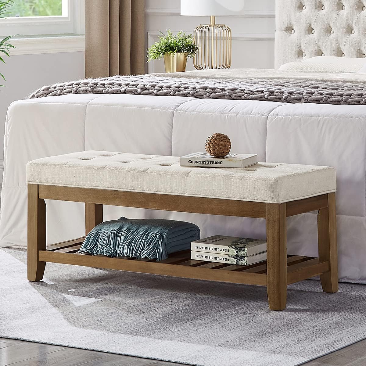 Special 24KF Large Rectangular Upholstered Tufted Linen Ottoman Bench, High-Qual...