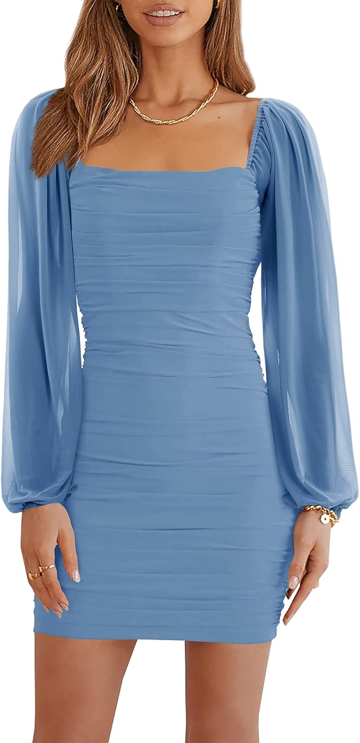 Ofenbuy Women's Mesh Long Sleeve Dress Square Neck Ruched Mini Bodycon Dress Str...