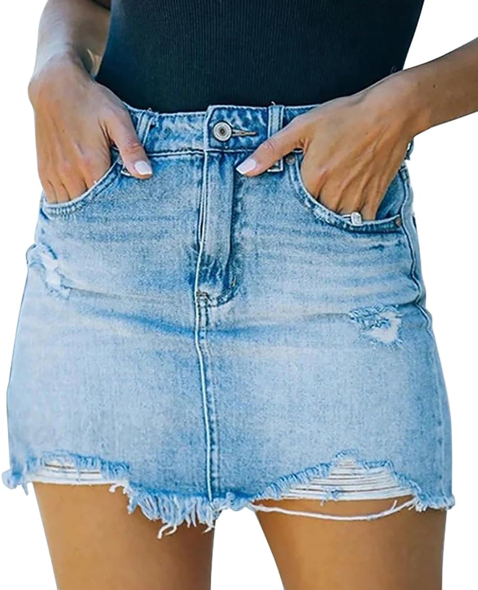 GOBLES Women's Sexy Mid Waist Zipper Closure Frayed Raw Hem Ripped Mini Denim Sk...