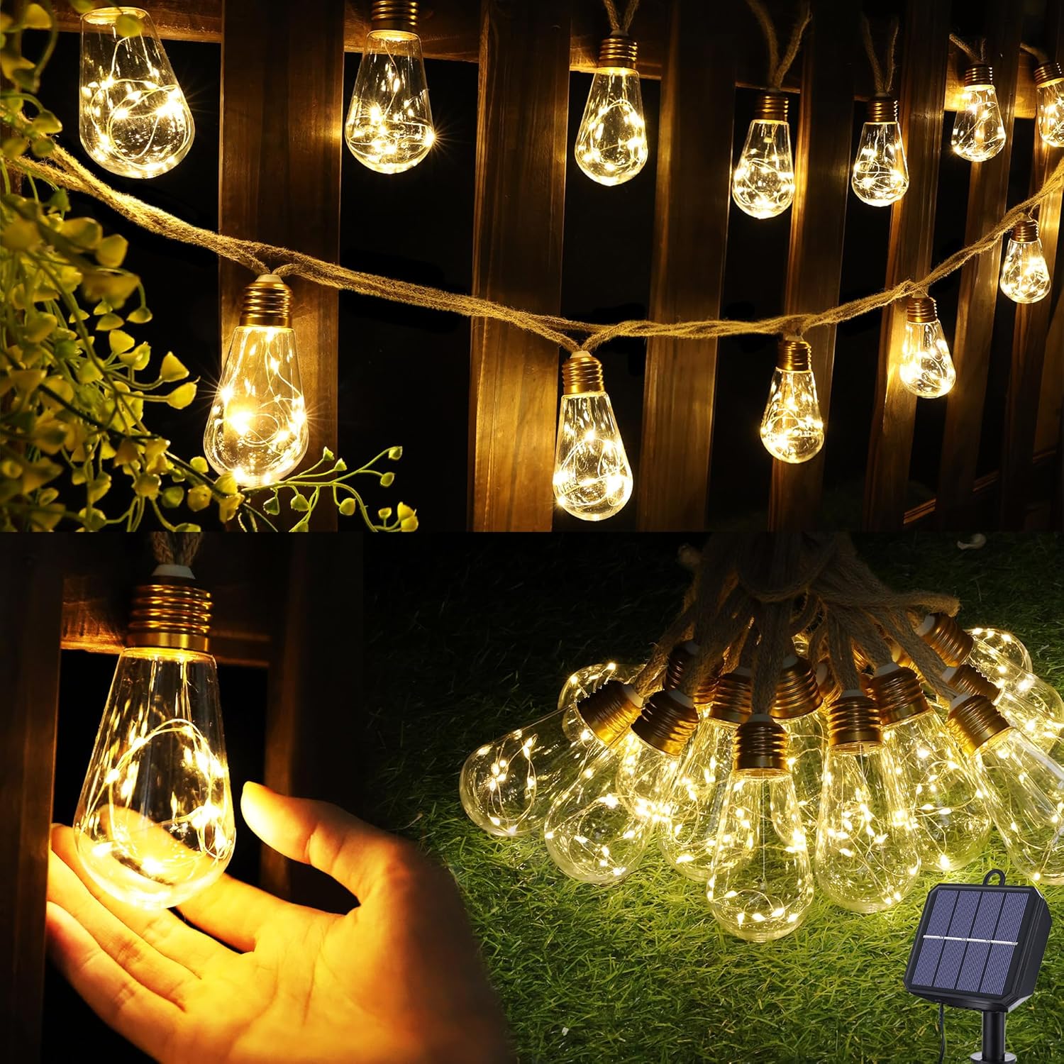 Solar Outdoor String Lights, 20Ft Vintage Rope Hemp Solar Patio Lights, Waterpro...
