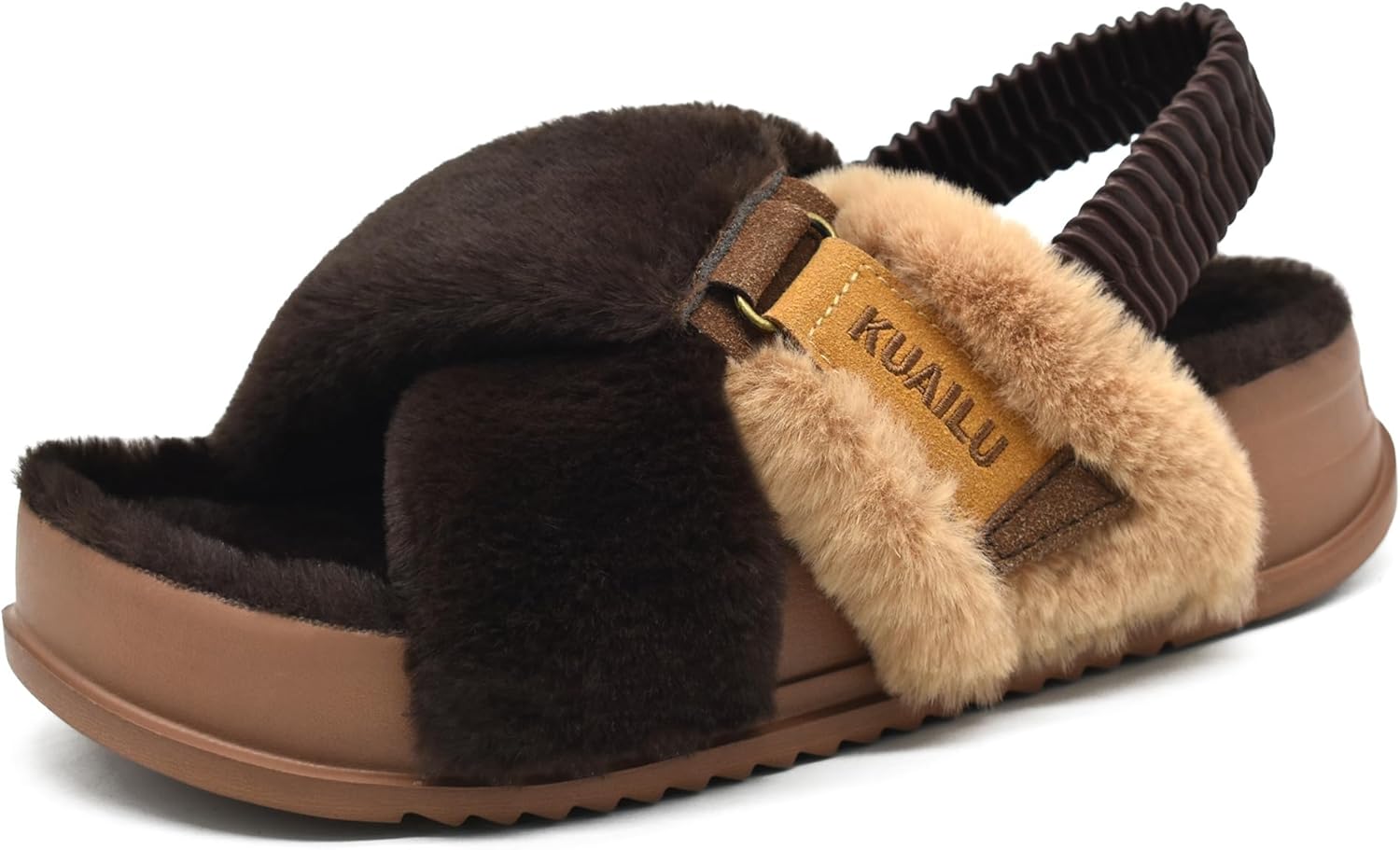 KuaiLu Womens Fuzzy Cross Band Platform Slippers, Special Slippers with Back Str...