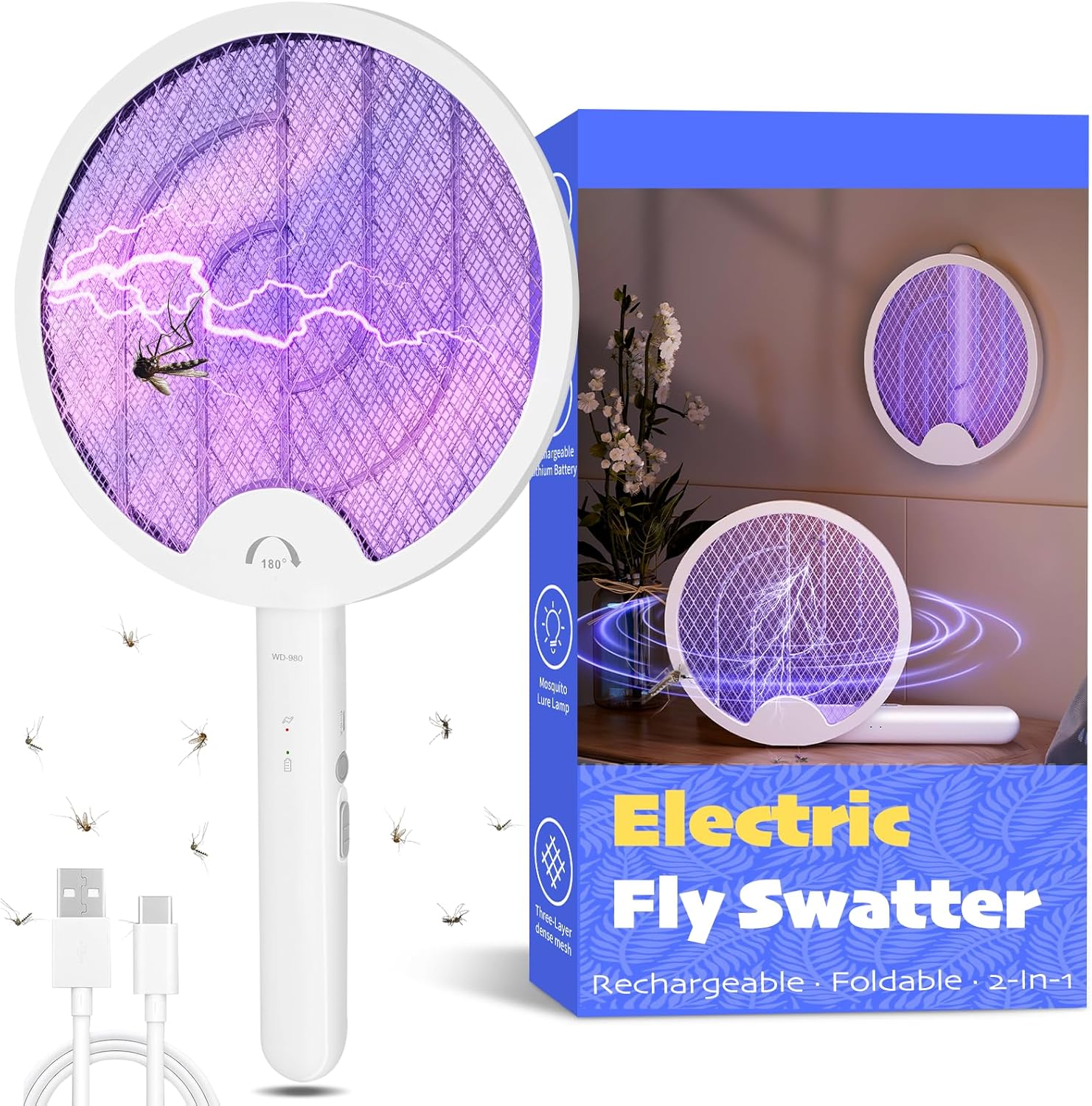 Foldable Electric Fly Swatter Racket, Portable 2 in 1 Bug Zapper Racket, Fly Kil...