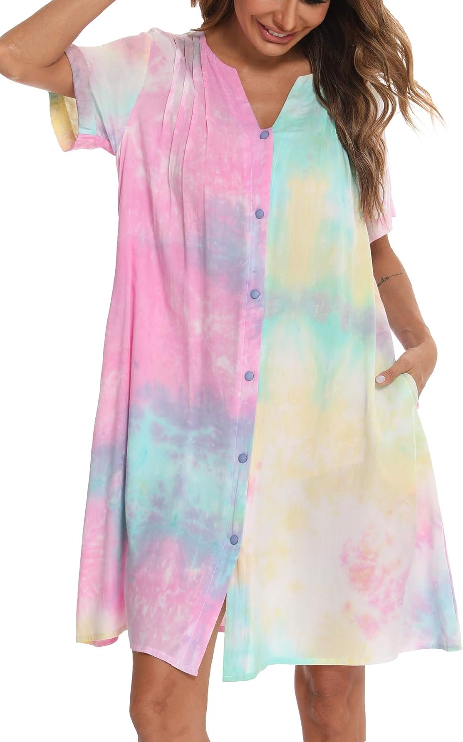 YOZLY House Dress Women Cotton Duster Robe Short Sleeve Housecoat Button Down Ni...
