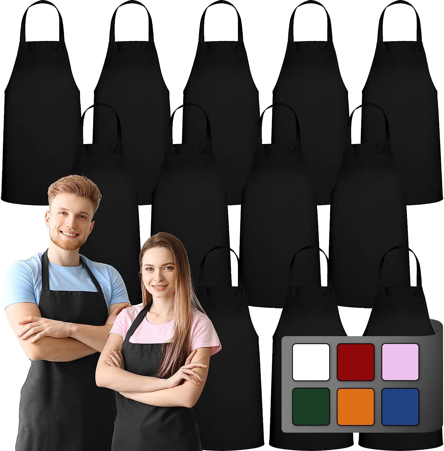 GREEN LIFESTYLE 12 Pack Bib Apron - Unisex Black Aprons, Machine Washable Aprons...