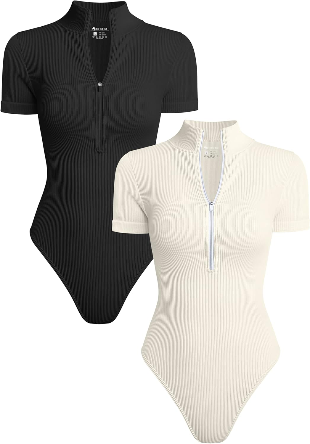 Quality OQQ Women's Bodysuits, Sexy Ribbed One Piece, Special Short Sleeve Zip F...