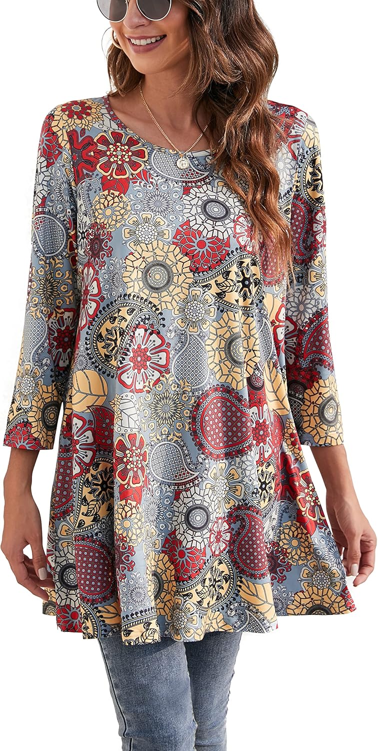 ENMAIN Womens Tunic Tops 3/4 Sleeve Plus Size Loose Fit Tunics Dressy Casual Pai...
