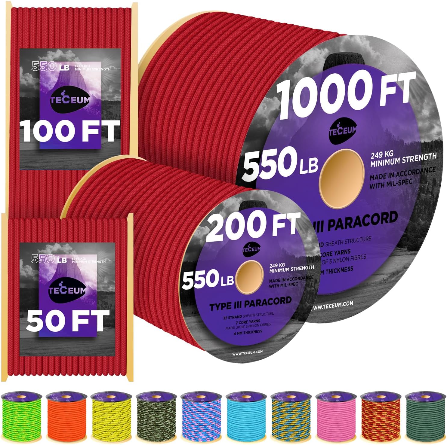 TECEUM Reflective Paracord Rope 1000 – 1000ft / 200ft / 120ft / 100ft / 50ft – 4...