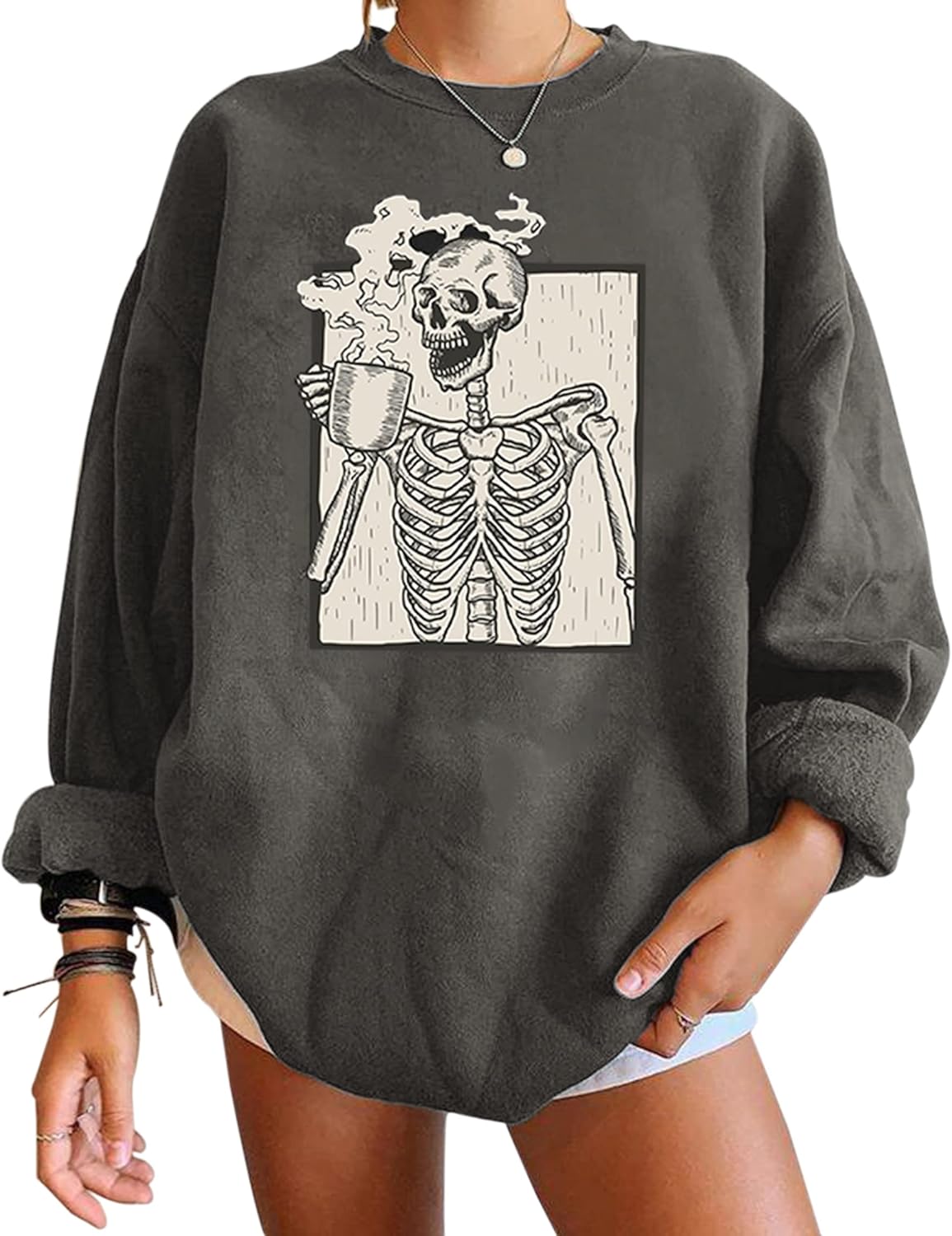 Meladyan Halloween Skull Graphic Print Fleece Oversized Sweatshirt Crewneck Long...